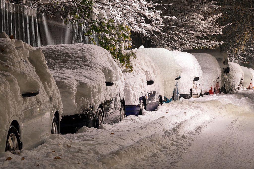 snow, street, cars
