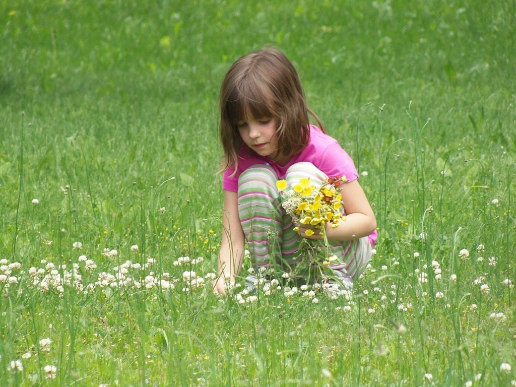 picking flowers, girl, child