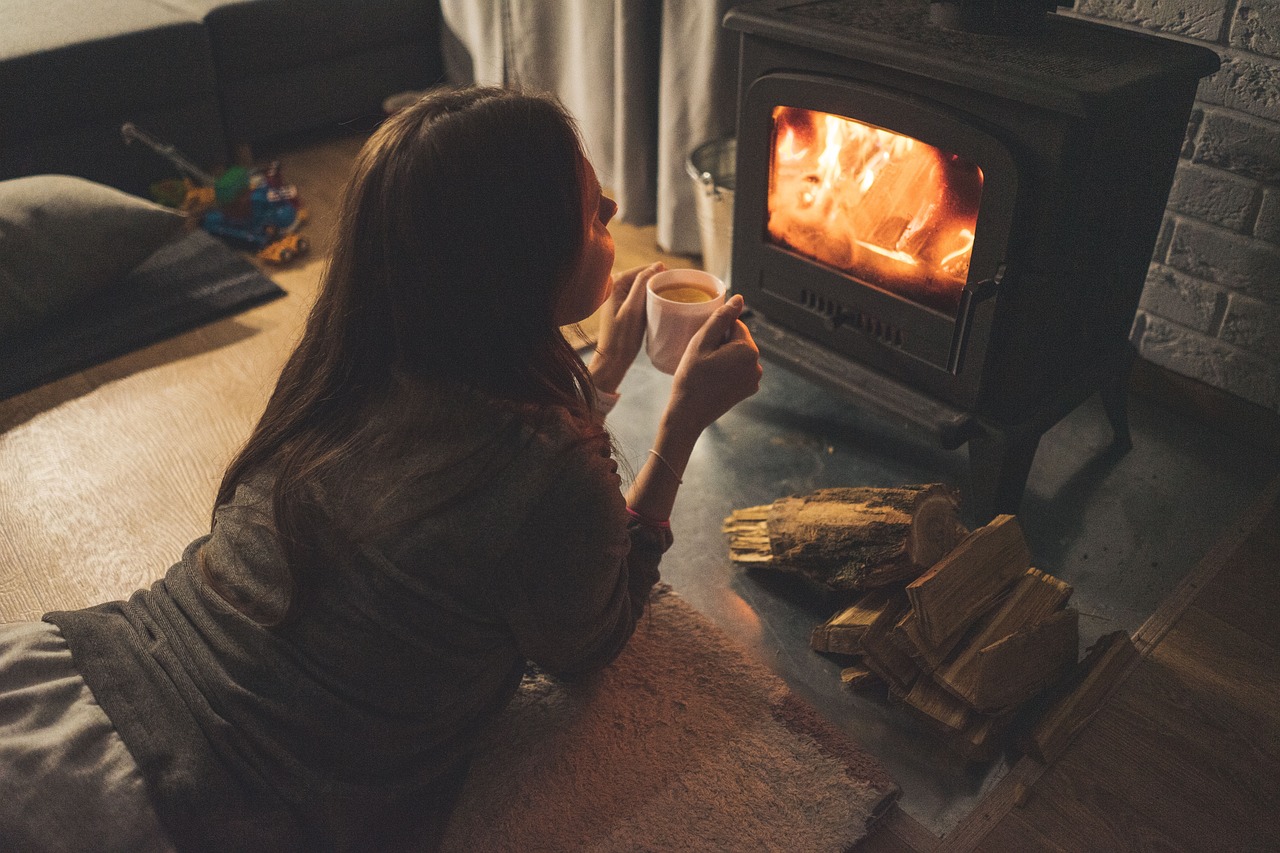 woman, fireplace, mug