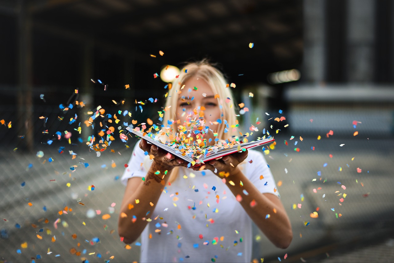 woman, confetti, sparkles