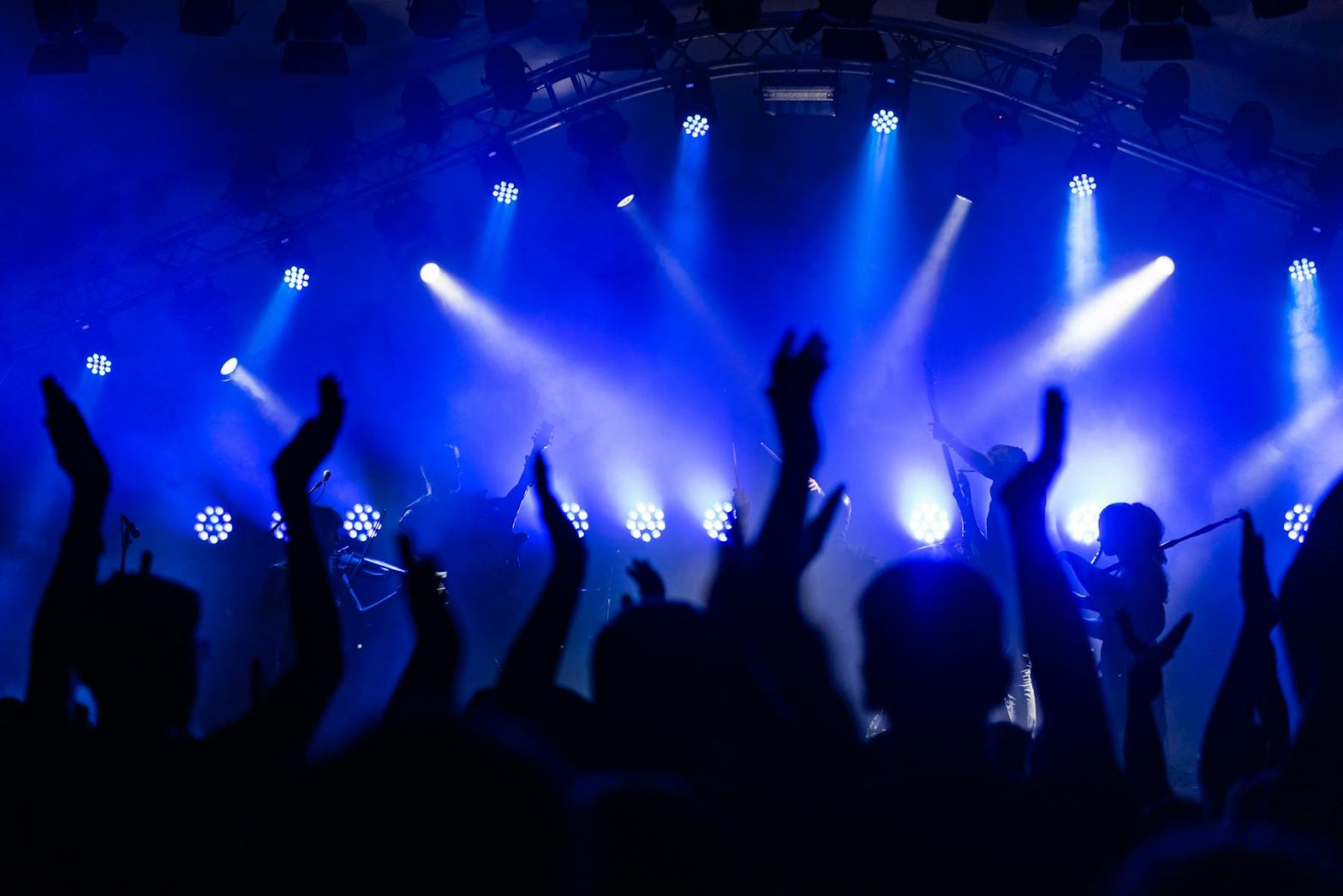 Dynamic concert scene with cheering crowd and vibrant blue lighting.