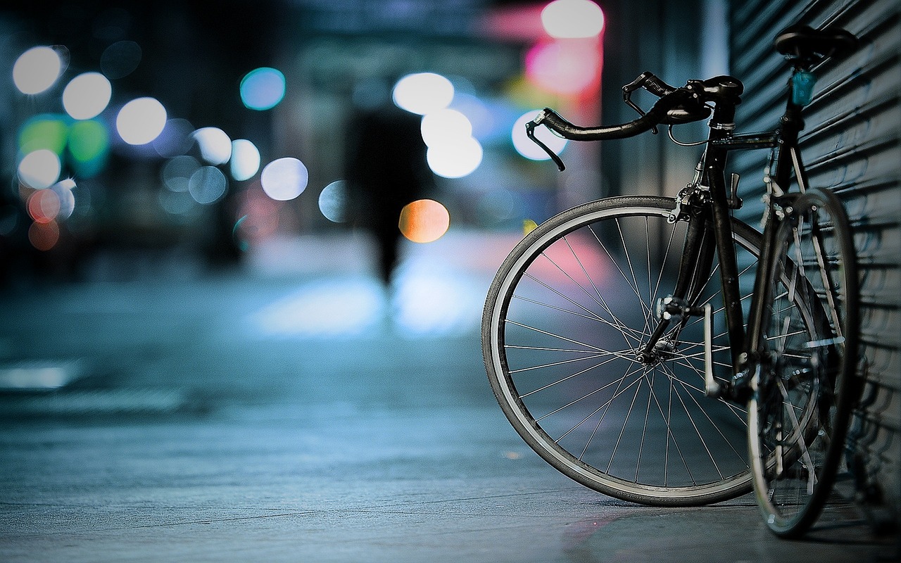 bicycle, bike, pavement, bokeh lights, parked, vehicle, bicycle, bicycle, bicycle, bicycle, bike, bike, bike, bike, bike